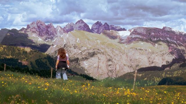 Someone standing in a flower meadow below jagged mountains