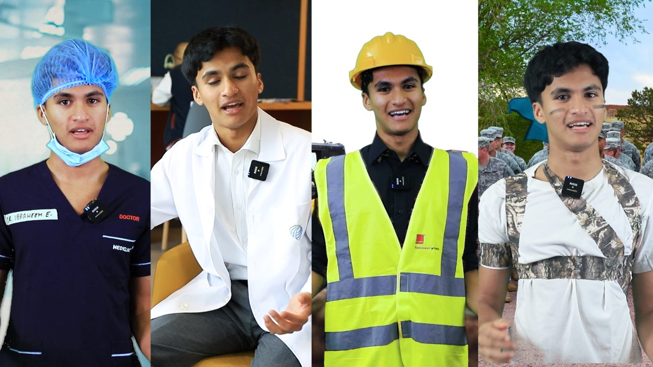 A student shown in four different career outfits, from a doctor's scrubs to a hard hat